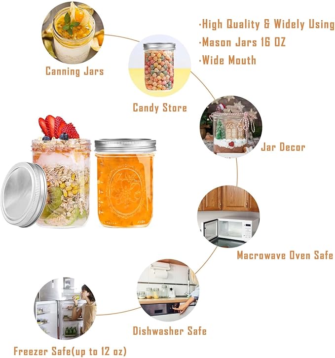 Miuyhji Wide Mouth Mason Jars 16 oz with Lids [6 Pack], Canning Jars with Metal Airtight Lids and Bands, 16 oz Glass Jars for Fermenting, Pickling, Freezing, Preserving, Meal Prep, Jar Décor