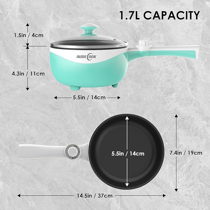 Audecook Hot Pot Electric, 1.7L Mini Electric Skillet Portable Nonstick Sauté Pan with Power Adjustment, Ramen Cooker Travel Multicooker for Steak/Soup/Egg/Oatmeal/Noodles