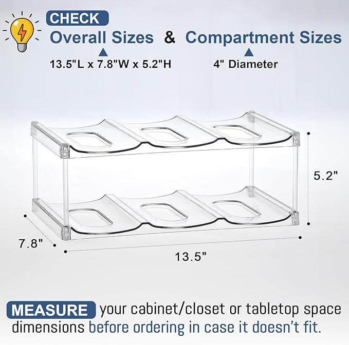 LARGER Compartment - Stackable Water Bottle Organizer Holder - for Stanley & Others' Large Tumbler - Clear Wine Rack, Cup Bottle Holder for Cabinet Home Countertop Fridge Pantry Shelf, 2 Tier Hold 6