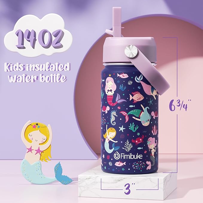 Fimibuke Kids Insulated Water Bottle, 14oz BPA FREE Double Wall Vacuum Tumbler 18/8 Stainless Steel Leak Proof Kids Cups with Straw Metal Water Bottle for School Boy Girl (2 Pack, RAINBOW/MERMAID)