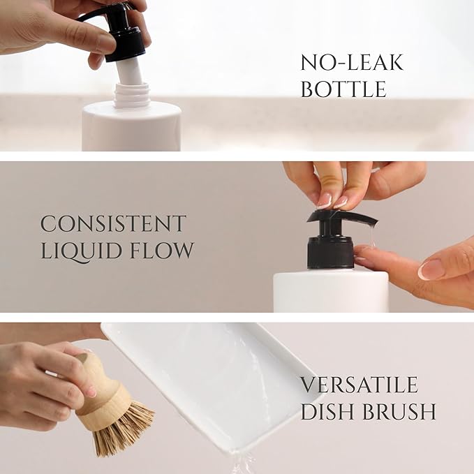 Luxe White Kitchen Soap Dispenser Set with Tray and Dish Brush, Refillable Hand and Dish Soap Dispenser Set Bottles with Pump for Lotion Handsoap Liquid Dishwashing Kitchen and Bathroom Countertop Set