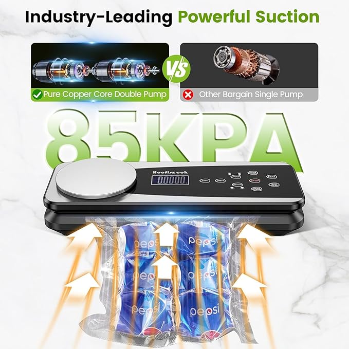 Vacuum Sealer Machine for Food,85kpa Automatic 10-in-1 Food Sealer Vacuum Sealing for Dry&Moist Saver, Food Storage Vacuum Machine with Scale,Cutter,Air Suction Hose,Pulse Function,10 Vacuum Bags