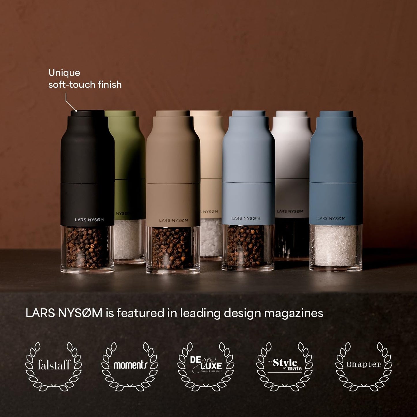 LARS NYSØM Salt and Pepper Grinder Set, Stainless Steel Manual Salt and Pepper Mills, Adjustable Ceramic Grinder, Design Spice Shakers (Almond Beige)