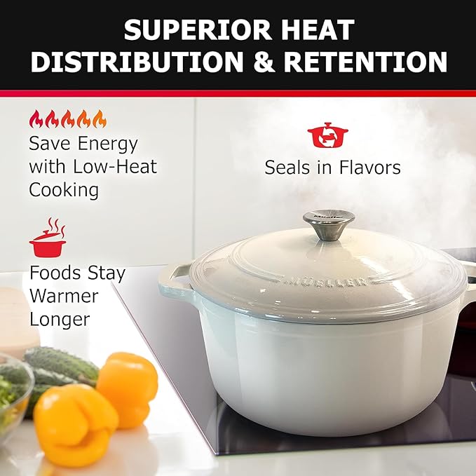 MUELLER HOME 7.5 QT Enameled Cast Iron Dutch Oven, Heavy-Duty Casserole Dish and Braiser Pan with Lid and Stainless Knob, Oven-Safe up to 500° F & Across All Cooktops, Oyster White