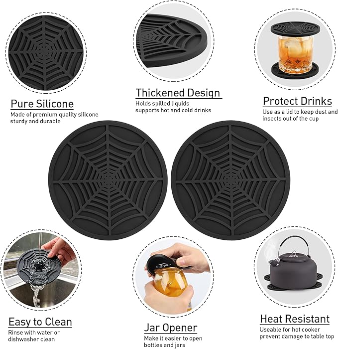 2 Pack Silicone Coasters for Drinks-Black Spider Shape Coaster with Deep Tray Grooved Design, Washable Cup Coasters for Desk, Heat Resistant Non-Slip Plastic Coaster for Coffee Table, Wooden, Kitche