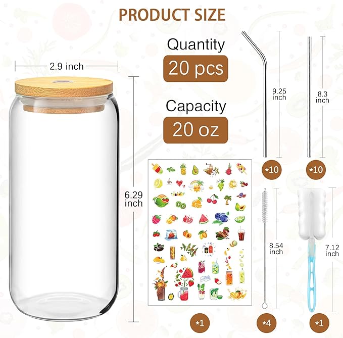 PeacePeo 20 OZ Glass Cups with Lids and Straws, 20 Pack Drinking Glasses with Bamboo Lids Stylish Glass Beer Can Cups with Stainless Steel Straws Iced Coffee Cup Great for Soda Boba Tea Cocktail