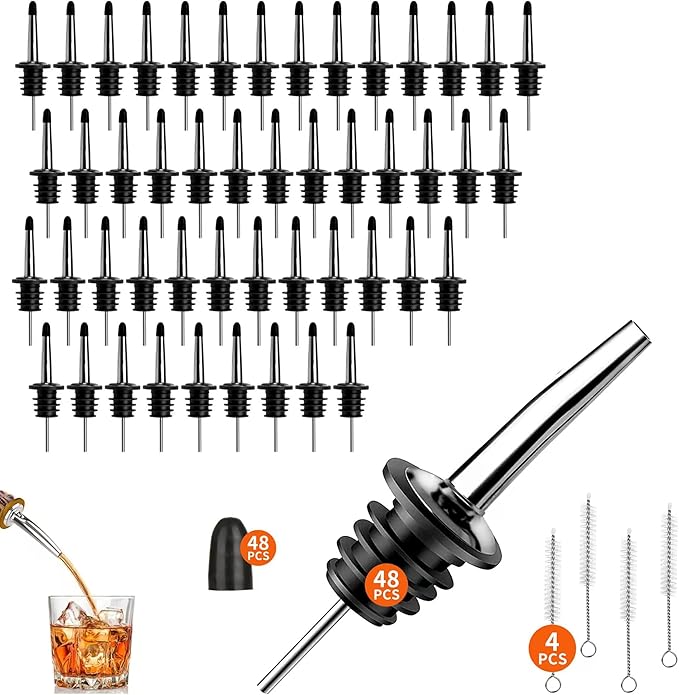 48PACK Stainless Steel Pourers Spouts for Liquor Bottles,Liquor Pour Spout With Dust Caps,Bottle Pourers for Alcohol, Olive Oil - Speed Pourers, Bar Bartender Accessories