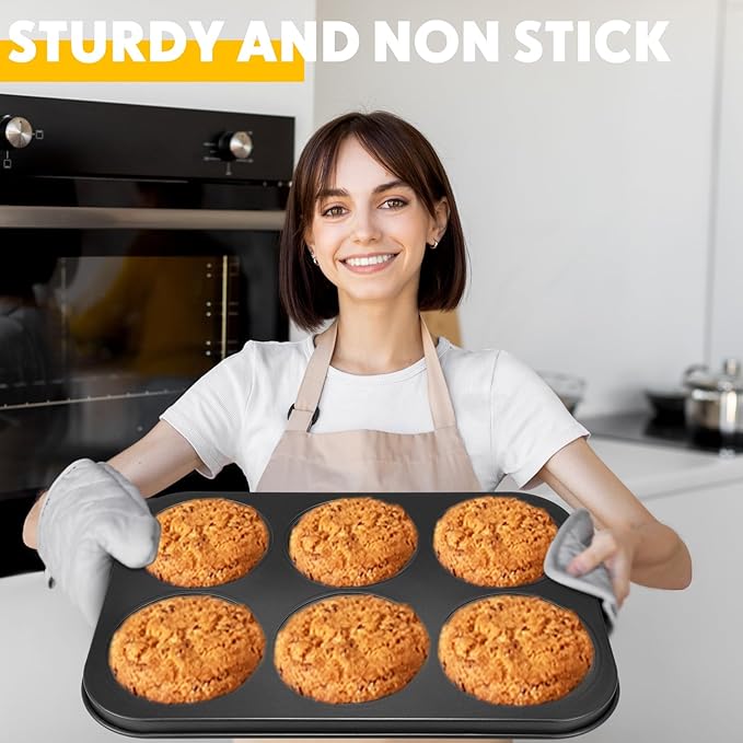 Blushtier 6 Pack Nonstick Jumbo Muffin Baking Pan Muffin Tins Heavy Duty Cupcake Tin Gold Carbon Steel Cup Cake Tray for Baking Cupcakes, Dishwasher Safe Small Muffins Tarts(Jumbo,Black)