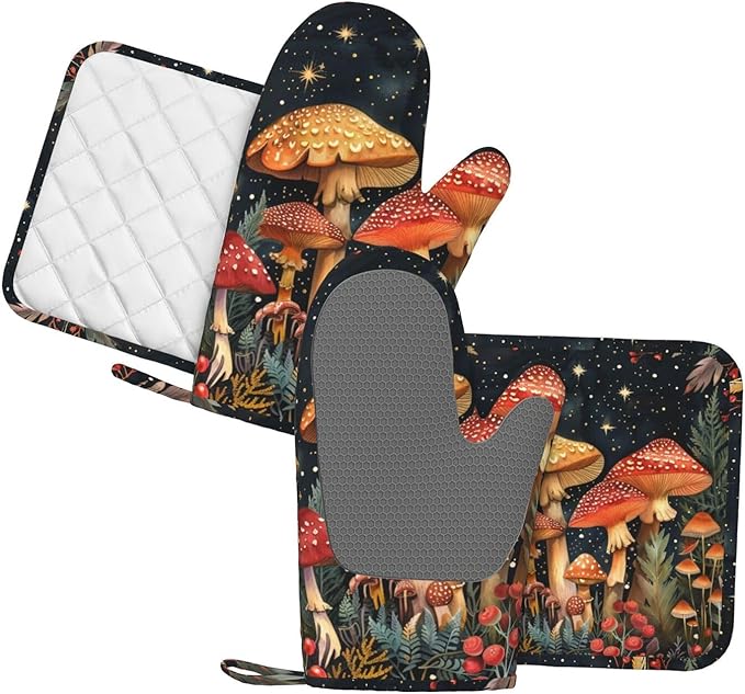 Oven Mitts and Pot Holders Mushroom Forest Vintage Silicone Kitchen Accessories Set of 4 Heat Resistant Long Gloves Potholder Non-Slip Grip for Chef Cooking Baking Grilling BBQ