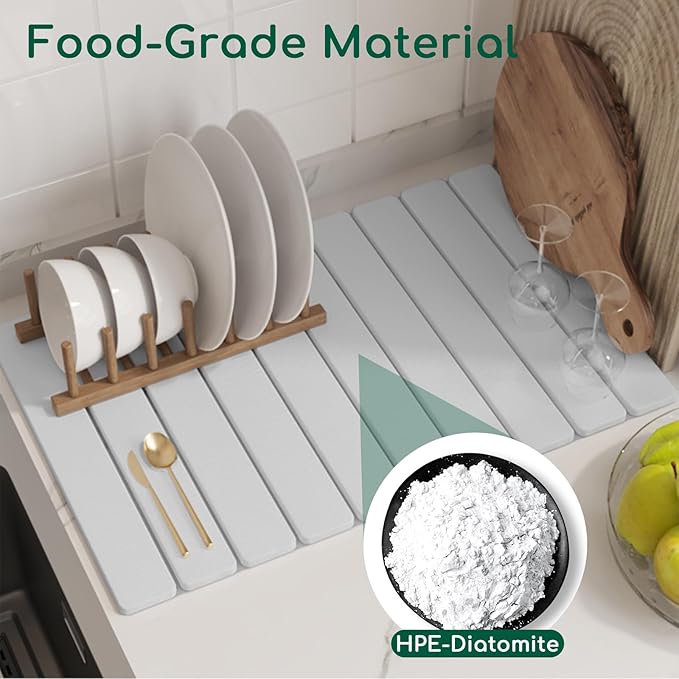 Stone Drying Mat for Kitchen Counter, White 24"×16" Collapsible Fast Drying Dish Mats, Diatomaceous Earth Water Absorbing Mat for Dishes Bottles Cups