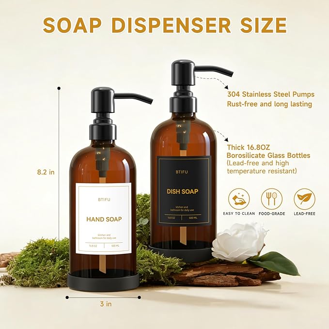 Kitchen Soap Dispenser Set – 16.8oz/500ml Glass Hand and Dish Soap Dispenser with Stainless Steel Pumps & Non-Slip Silicone Base, Luxury Countertop Decor for Home, Airbnb, Hotel (Amber & Black)