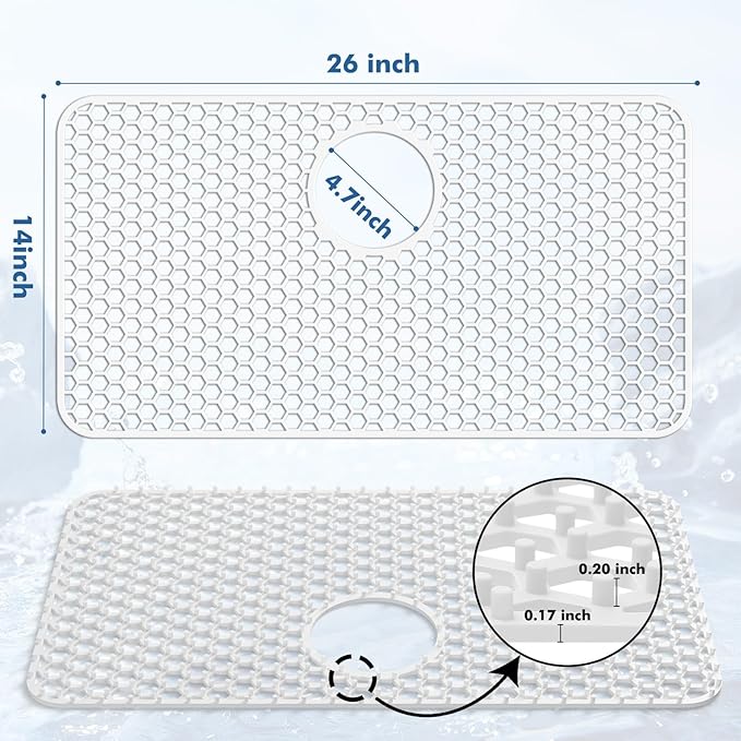 Bestjing Silicone Sink Protectors for Kitchen Sink - 26"x 14" Kitchen Protector Accessory, Non-Slip Heat Resistan Mat for Bottom of Farmhouse Stainless Steel Porcelain (Rear Drain Hole,White)