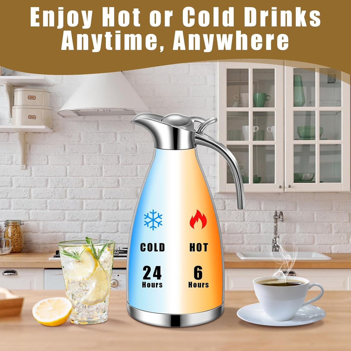 Uiifan 2 Pcs 68 oz Thermal Coffee Carafe Insulated Stainless Steel Coffee Carafe for Hot Liquids Vacuum Thermal Pot Creamer Dispenser with Brushes Keeping Hot Tea Milk Water(Silver)