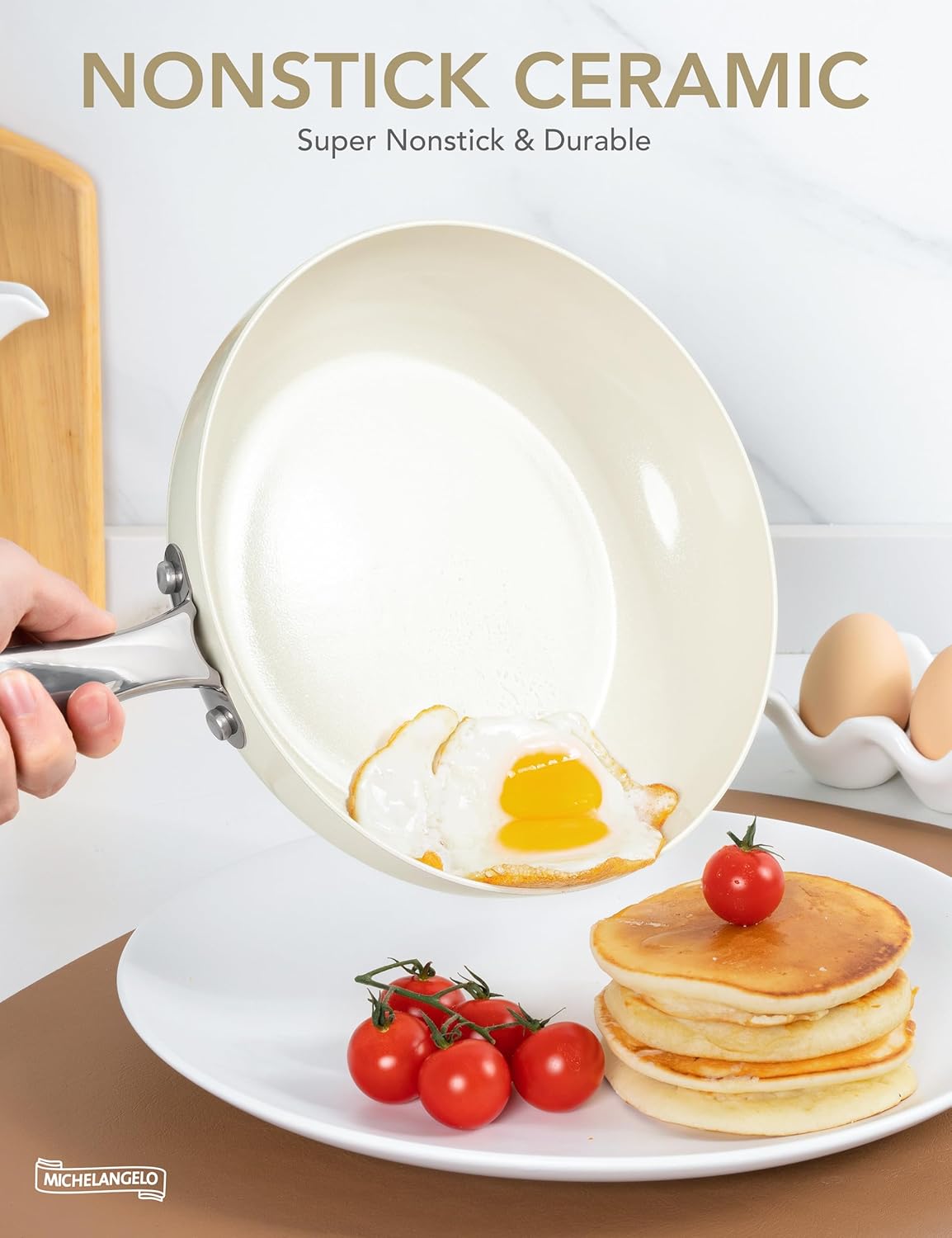 MICHELANGELO Large Frying Pan with Lid, 14 Inch Ceramic Skillet with Nonstick Coating, Healthy Non Stick Fry Pan, Induction Compatible, White