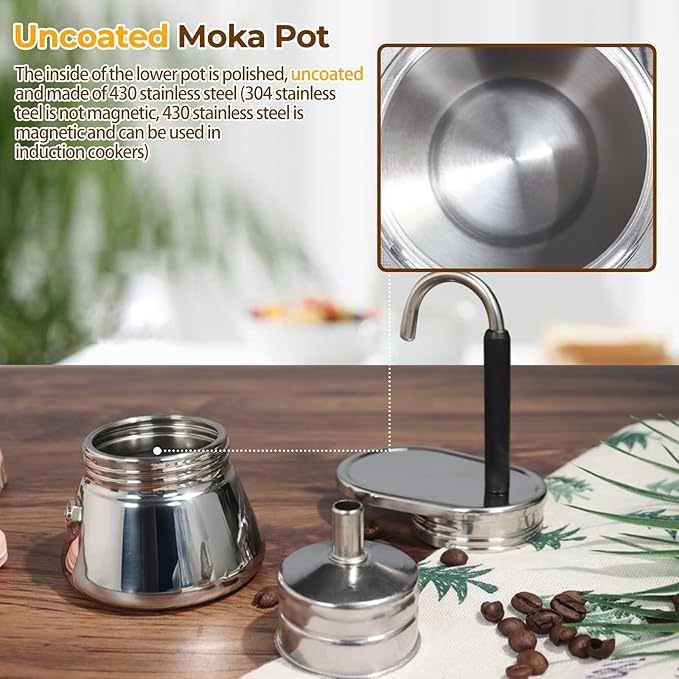 4 Cup Single Tube Moka Pot Stainless Steel Stovetop Espresso Maker Cafeteras Italian Percolator Espress Makers Capable Greca Mocha Coffee Machine for Induction Home 310ml 10.5oz