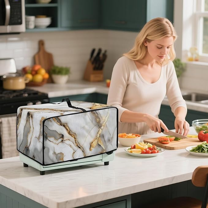 Toaster Oven Dust Cover with Storage Pockets, Protective Decorative Smart Oven Cover for for Kitchen Countertop, M, 16.5 x 20.5 x 10 inches, White Gold Gray Marble