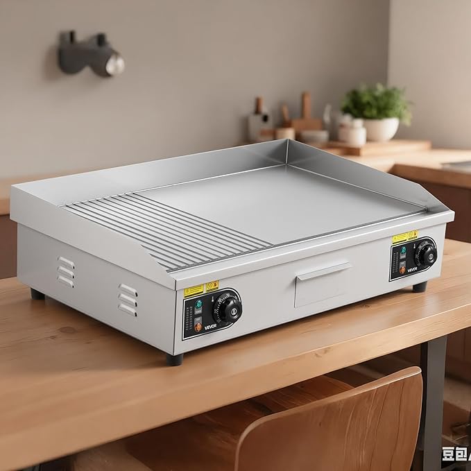 VEVOR Commercial Electric Griddle, 28.54 x 15.75 in, 2800W, 122-570°F Adjustable Temp Control, Stainless Steel, Half Grooved Half Flat, with 2 Spatulas, 2 Brushes, and 4 Foot Pads, for Steak(NO PLUG)