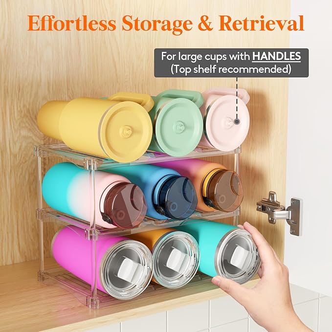 Lifewit Stackable Bottle Storage Organizer, Clear Freestanding Wine Holder for Cabinet, Large Slot Water Bottle Tumbler Cup Organizer for Pantry, Plastic Wine Rack for Fridge Cellar, 3Tier Hold 9