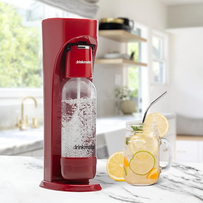 Drinkmate OmniFizz Sparkling Water Maker & Soda Streaming Machine | Carbonates Any Drink | VALUE KIT | Includes Two 60L CO2 Cartridges + One BPA-Free Bottle (Royal Red)