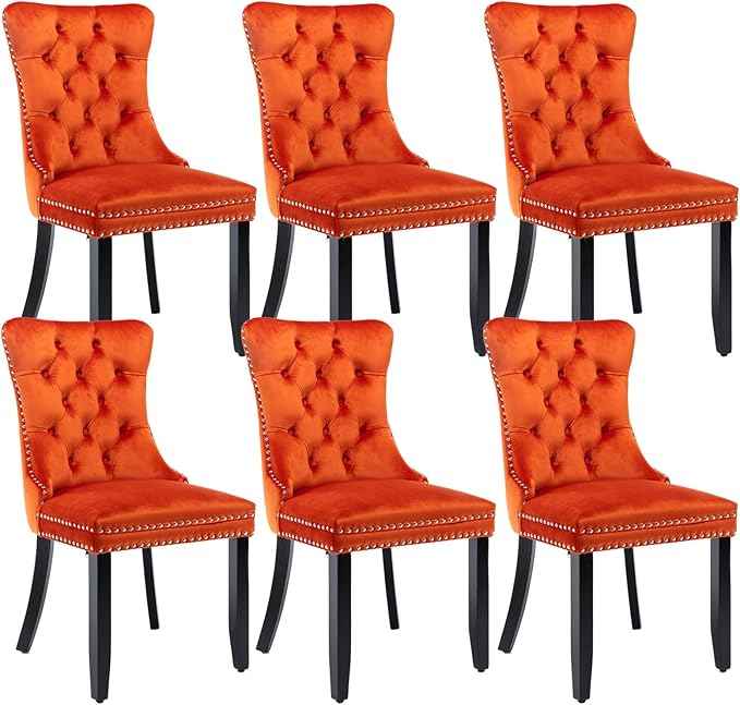 Velvet Dining Chairs Set of 6, Upholstered Dining Room Chairs with Back Ring Pull Trim and Solid Wood Legs,Tufted Wingback Kitchen Chair Perfect for Dining Room,Living Room,Kitchen(Orange)