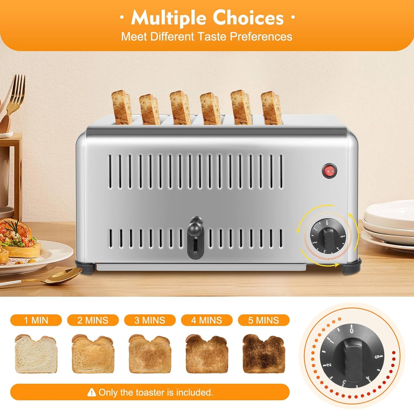 6 Slice Toaster with Wide Slots Commercial Toasters for Restaurant Bread Baking Machine 1680W Stainless Steel Toaster Countertop for Toast, Sandwiches, Meatloaf