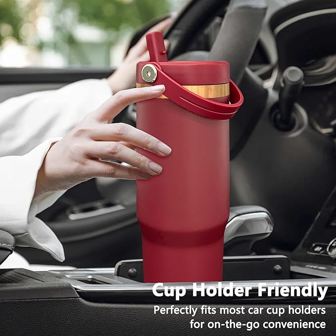 30 oz Tumbler with Handle and Straw, Vacuum Insulated Tumblers with Flip Straw and Top Handle, Leakproof Powder Coated Tumbler, Stainless Steel Travel Mug for Coffee Water (Red, 1 Pack)