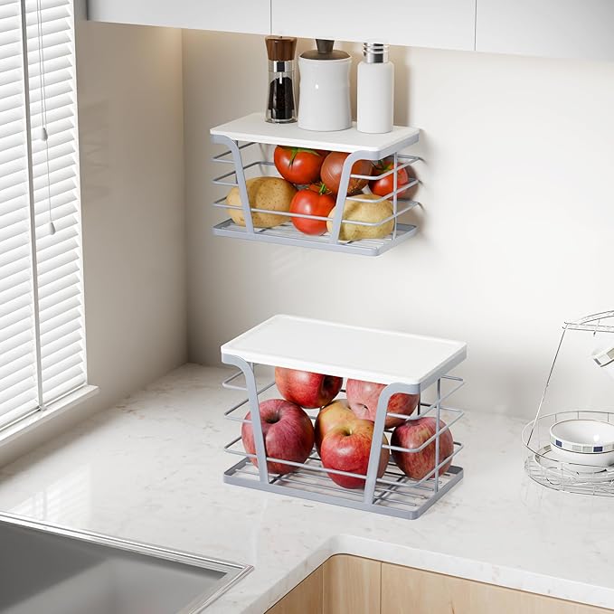 2 Pack Gray Trash Bag Organizer for Kitchen and Pantry, Upgraded Stackable Metal Garbage Bag Holder with Bamboo Top, Modern Under Sink Storage Dispenser for Laundry Room, Garage