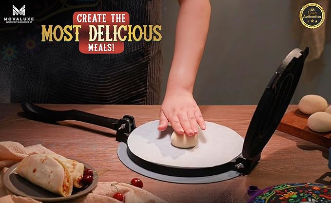 Movaluxe® Tortilla Press 10 Inch Cast Iron XL – Corn & Flour Roti Maker Machine Heavy Duty Tortillera Presser. With Parchment Paper, Warmer Pouch, Taco Holders, Rubber Mat & Digital Culinary Guide