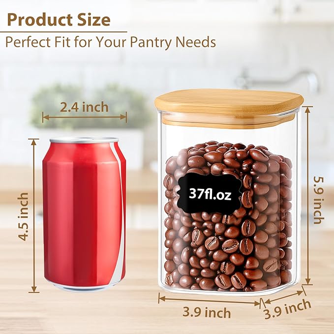 TBWIND 37oz(1.2Qt) Square Glass Storage Containers with Bamboo Lids – 4 Pack Clear Food Airtight Glass Jars for Pantry Organizers and Storage, Kitchen Dry Food, Coffee, Sugar, Flour, Snacks, Spices