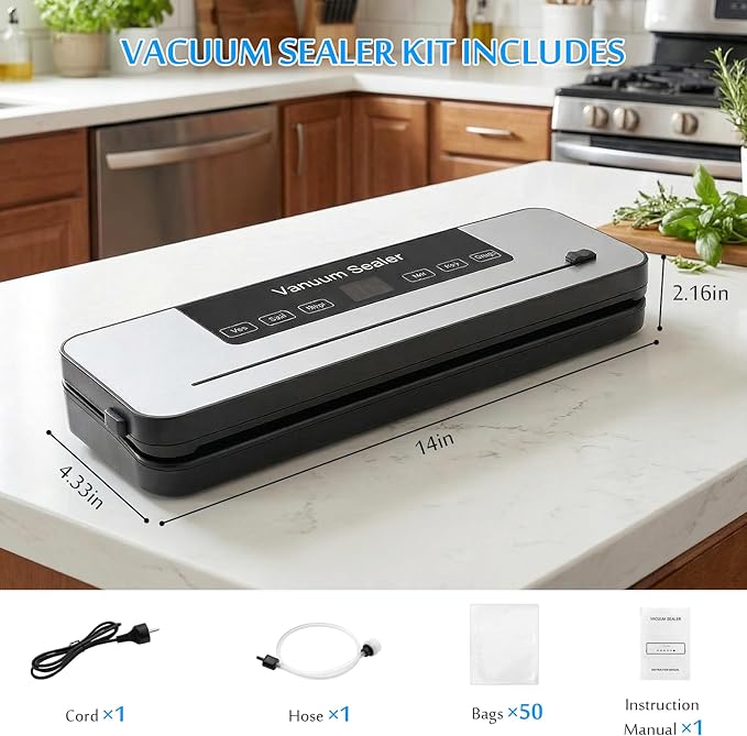 11.8in Vacuum Sealer Machine with 50 Bags, Heavy Duty Wet & Dry Food Saver with Detachable Base, Automatic Kitchen Vacuum Sealer for Meal Prep, Freezer Storage (Silver)