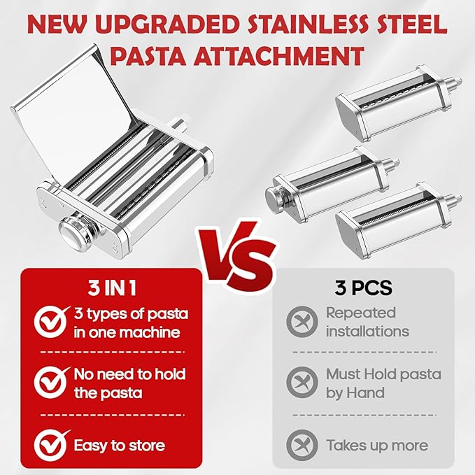 Stainless Steel Pasta Attachment for KitchenAid Stand Mixer, 3-in-1 Pasta Maker with Pasta Roller, Spaghetti & Fettuccine Cutters, Food-Grade KitchenAid Pasta Attachment for Homemade Noodles
