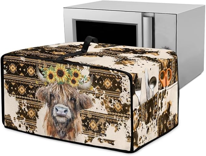 Convection Toaster Oven Cover with Pockets, Easy to Clean, Smart Microwave Baking Oven Dust Cover for Countertop, L, Aztec Highland Cow Sunflower Tribal Pattern