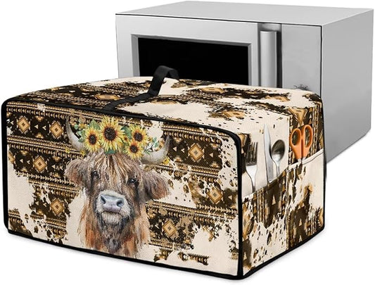 Convection Toaster Oven Cover with Pockets, Easy to Clean, Smart Microwave Baking Oven Dust Cover for Countertop, L, Aztec Highland Cow Sunflower Tribal Pattern