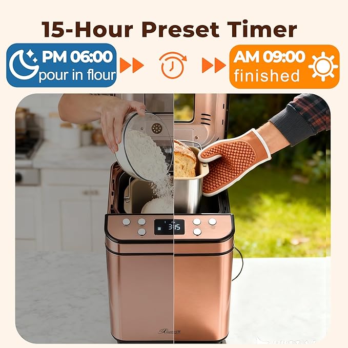 Rosewill 25-in-1 Automatic Bread Maker Machine with 3 Loaf Size up to 2 Lb, 700W High Power Dual Heater Bread Maker with BPA-free Nonstick Coating Pan, Max 15 Hours Delay Timer, Low Noise - Cinnamon