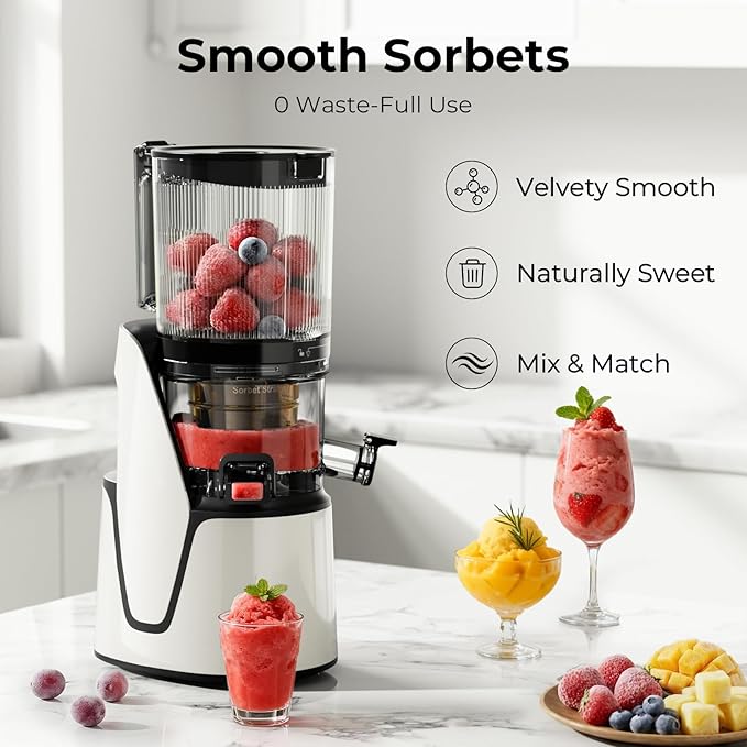 EanOruus Juicer Machines, 3-in-1 Cold Press Juicer with 6.5" Extra Large Chute, 100oz Large Capacity, AC Motor, Makes Juice, Nut Milk & Sorbet, Bright White