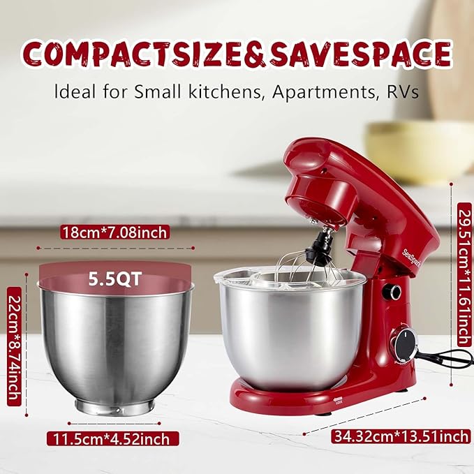 Stand Mixer, 3 in 1 Stand Mixer, 5.5Qt Electric Mixer, Mixer with Stainless Dough Hook, Wire Whip & Beater, Food Mixer for Baking, Cake and Most Home Cooks, Red