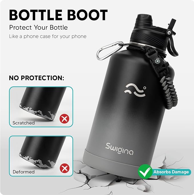 Swigina [2-IN-1 LID] 64 oz Insulated Water Bottle with Silicone Boot (48hrs Cold/24hrs Hot) - DIY Stickers, Leakproof, BPA Free, Half Gallon