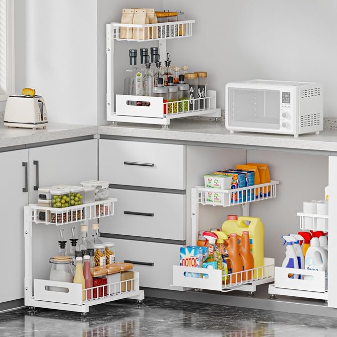 L-Shaped Under Sink Organizer, 2-Tier Pull Out Metal Kitchen Cabinet Organizer with Sliding Storage Drawer, Height Adjustable Heavy Duty Under Bathroom Sink Storage for Cleaning Supplies 1 Pack
