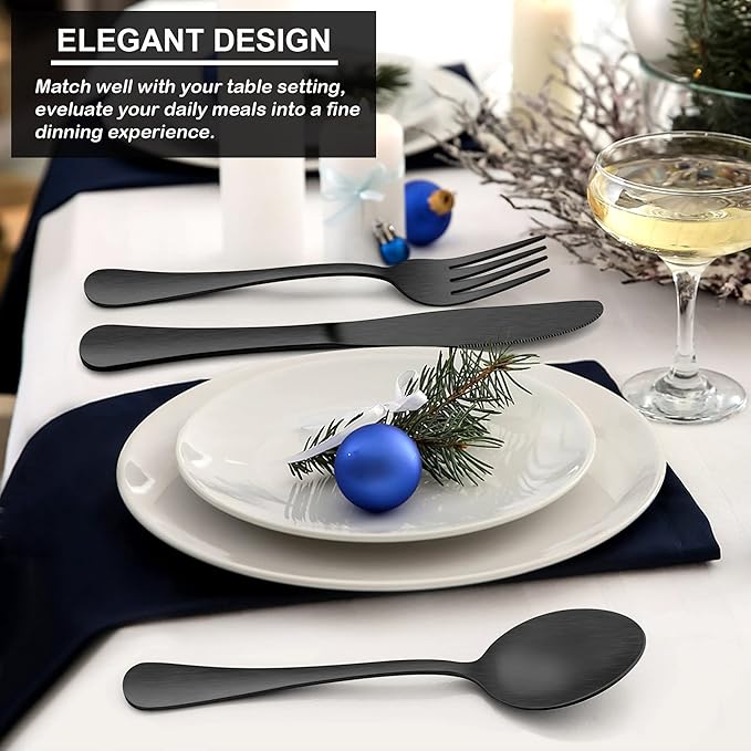 LIANYU 30 Piece Matte Black Silverware Set, Satin Finish Black Flatware Cutlery Set for 6, Stainless Steel Kitchen Utensil Tableware for Home Restaurant Party, Dishwasher Safe