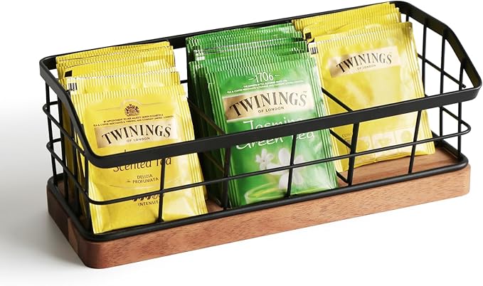 WILDMOS Tea Bag Organizer,Iron Wire Basket with Wooden Base.Tea Storage Containers with 3 Slots,Sugar Packet,Tea Bar Accessories for Countertop Cabinet Drawer.
