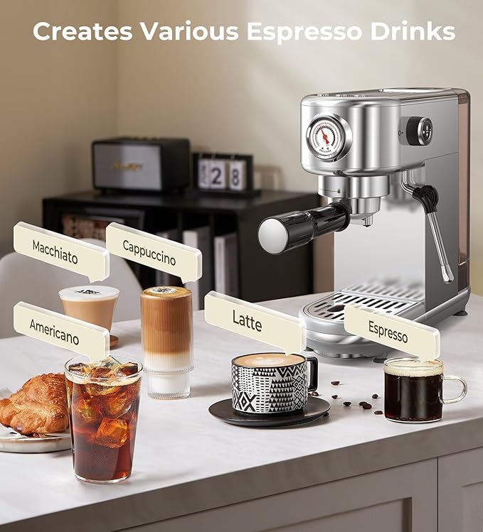 atatix Espresso Machine with Milk Frother, 20 Bar Pressure Espresso Maker, with 44OZ Removable Tank, Compact Stainless Steel Coffee Machine for Home, Office, Latte, Cappuccino, Macchiato, Silver