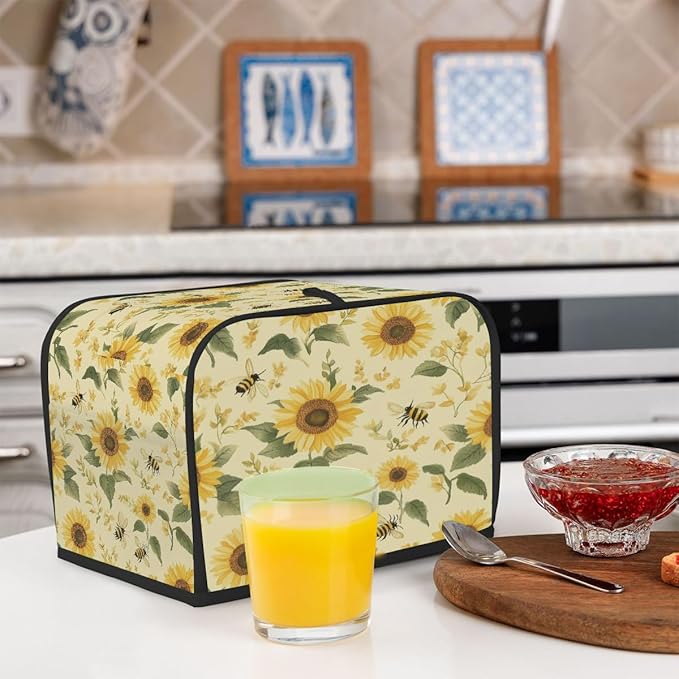 4 Slice Toaster Cover,Sunflower Bee On Retro Small Kitchen Appliance Bread Machine Cover with Pockets,Dust & Fingerprint Protection