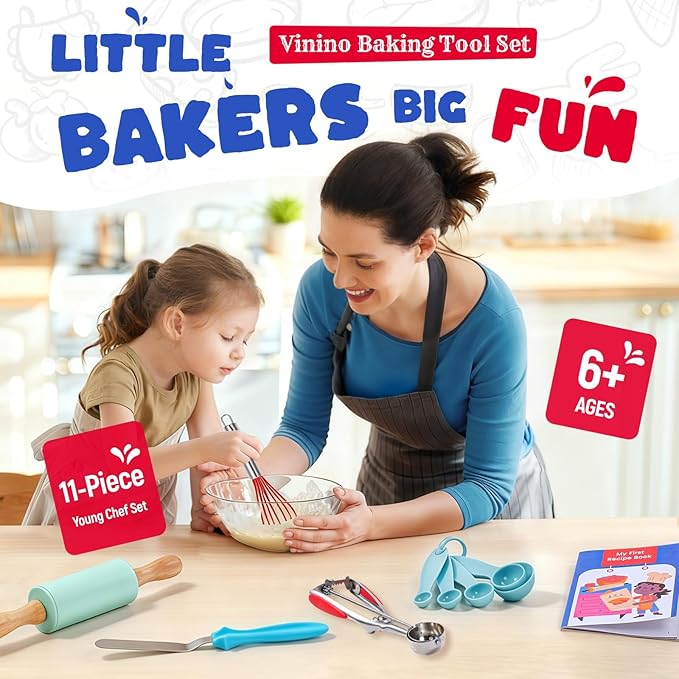 Vinino 11-Piece Kids Baking&Cooking Set – Real Baking Utensils with Cookbooks for Children, Toddler Safe Montessori Kitchen Accessories-Gift for Young Chefs Girls Boys Ages 6+