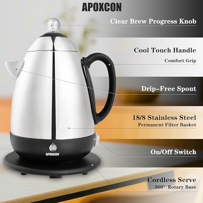 APOXCON Electric Coffee Percolator Stainless Steel Coffee Maker with Clear Brew Progress Knob and No-Drip Spout Auto Keep Warm & Cordless Serving Coffee pot with On/OFF Switch Fast Brew (10 Cup)
