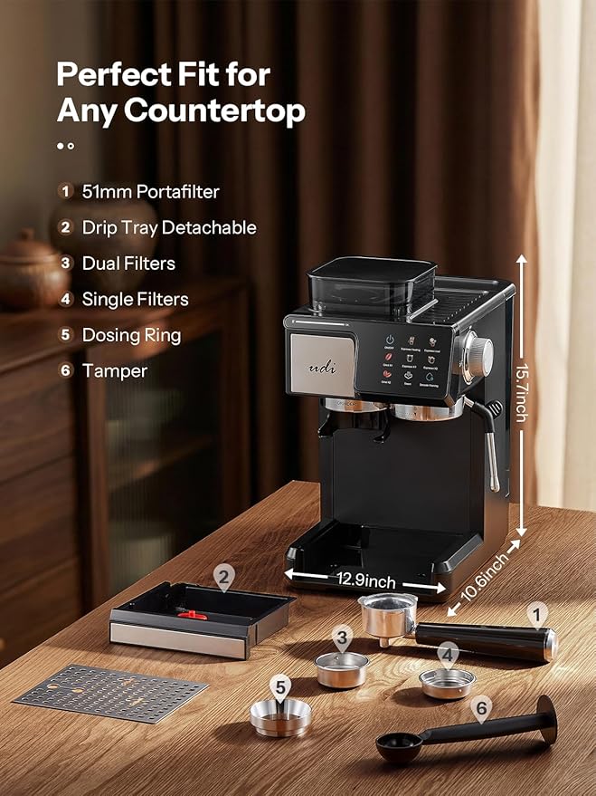 UDI 20Bar Espresso Machine with 20 Grind Settings - Touchscreen Control, Auto Grind (Single/Double Cup), Steam & Self-Cleaning, Quick Brew Café-Quality Coffee Maker for Home