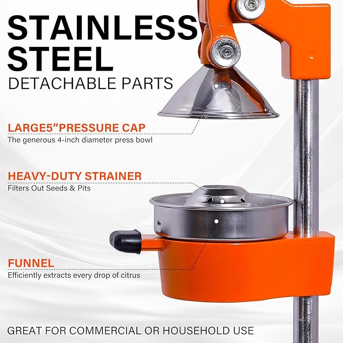 Manual Cast Iron Citrus Juicer,Commercial Hand Press,Heavy Duty Countertop Squeezer for Fresh Orange Lemon Juice,Stable When Pressed,Easy to Use & Clean (Orange)
