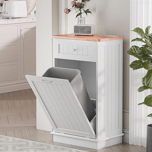 Betterhood Double Tilt Out Trash Cabinet with Power Outlet, 10 Gallon Trash Cabinet with Storage,Pet Proof Trash Can with 2 AC & USB Sockets for Kitchen,Living Room (White, Single Door)