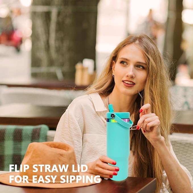 30 oz Tumbler with Handle and Straw, Vacuum Insulated Tumblers with Flip Straw and Top Handle, Leakproof Powder Coated Tumbler, Stainless Steel Travel Mug for Coffee Water (Blue)