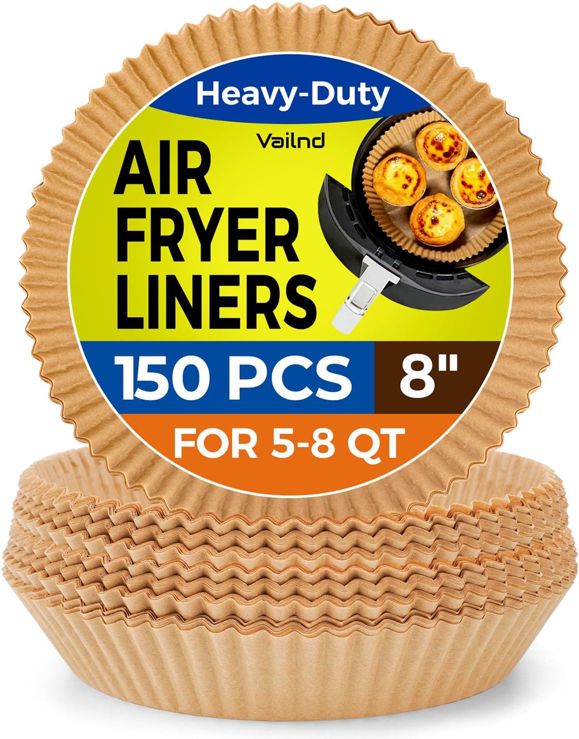 Vailnd Air Fryer Liners Disposable for Ninja, 150 Pcs 8" Round Airfryer Paper Liner Heavy-Duty, Non-Stick and Grease-Proof Parchment Paper Sheets for 5-8 qt Basket Air Fryers Oven Steamer