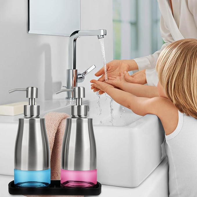 Gaussra Kitchen Soap Dispenser Set with Silicone Tray and Stickers - Brushed Nickel, Stainless Steel Glass Soap Dispenser Bathroom, Refillable Hand Dish Dispenser for Kitchen Sink